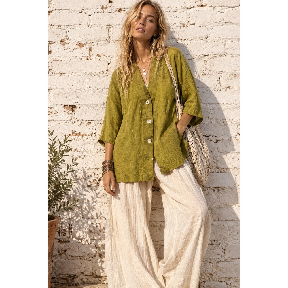 Sympatico Green Hemp Tencel‎ Button Up Shirt Kimono Style Lagenlook Jacket Small